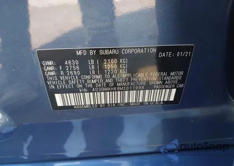 2021 Subaru Legacy Sport из США, поврежденный, VIN 4S3BWAH68M3011998